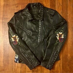 Blank NYC Leather Biker Motorcycle Moto Floral Embroidered Zip Up Jacket S